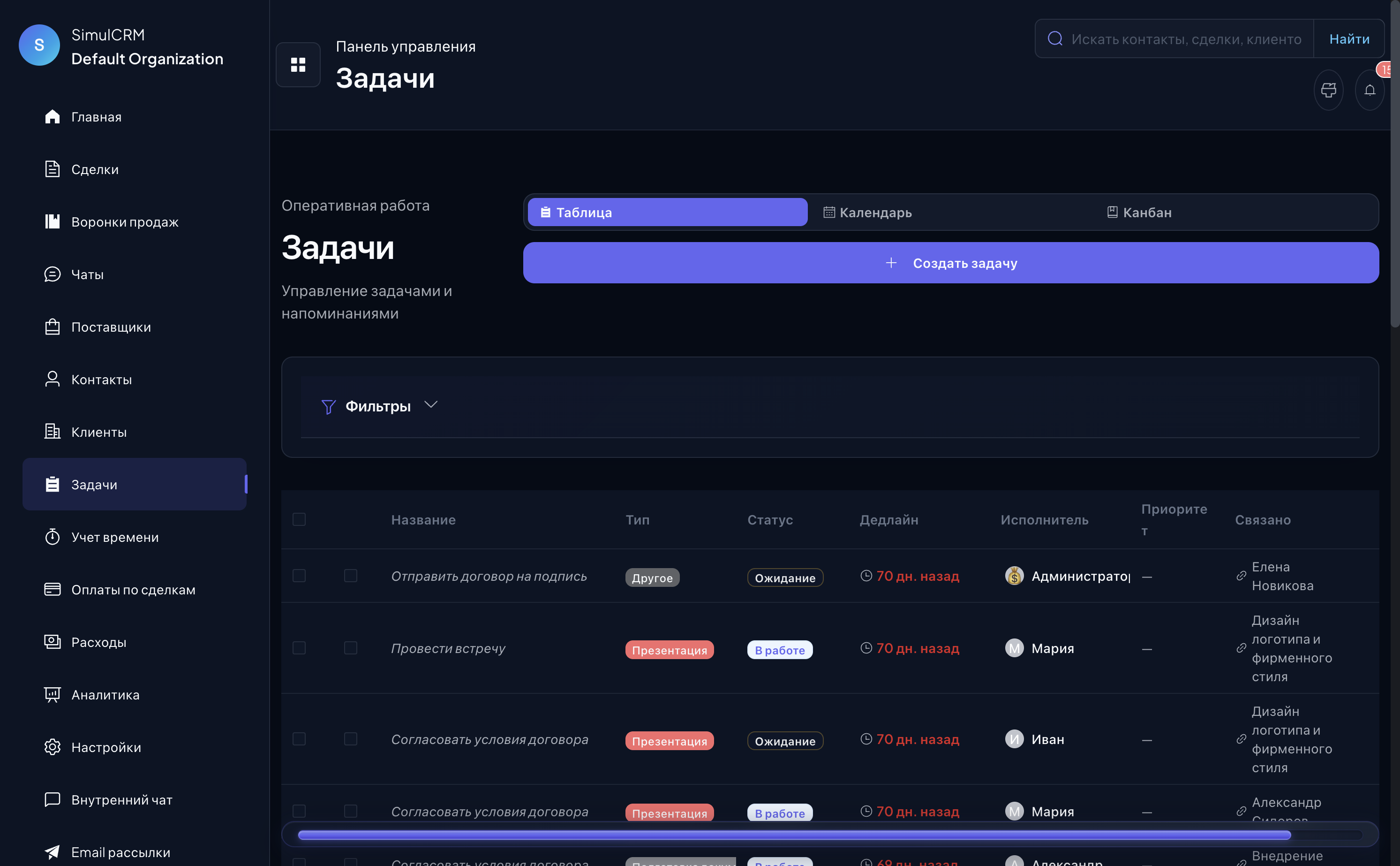 Список задач в SimulCRM